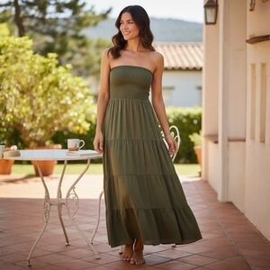 AMASOO Military Green Off Shoulder Tiered Maxi Dress Womens Size 6 NWT
